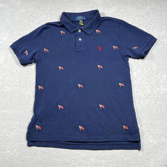 Ralph Lauren Shirt Boys Size Medium Blue Embroidered USA Flag Allover Print - Picture 1 of 11